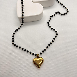 Siyah boncuk detaylı çelik kalp kolye (60cm)