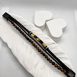 kaplan gözü dogal taşlı erkek deri ve çelik detaylı bileklik