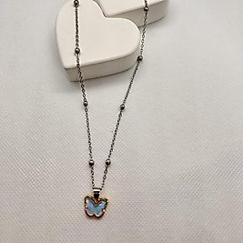 Topcuklu mavi kelebekli çelik kolye