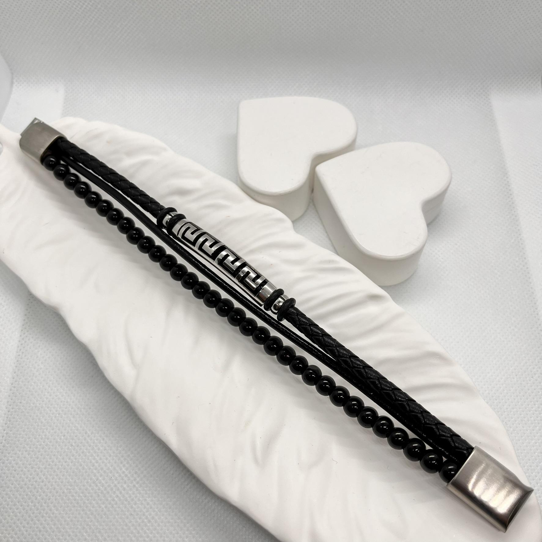 akik dogal taşlı deri ve çelik detaylı bileklik