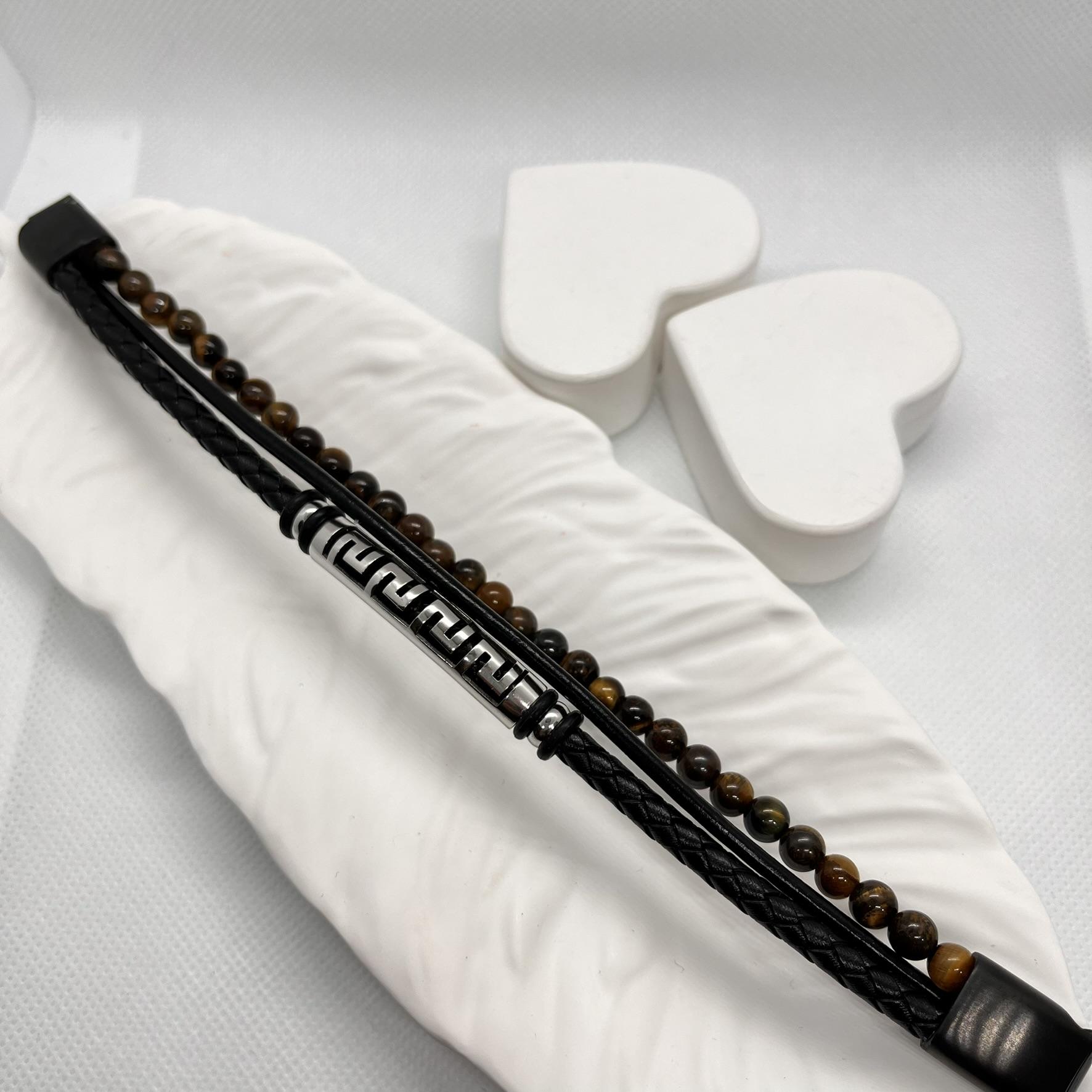 kaplan gözü dogal taşlı erkek deri ve çelik detaylı bileklik