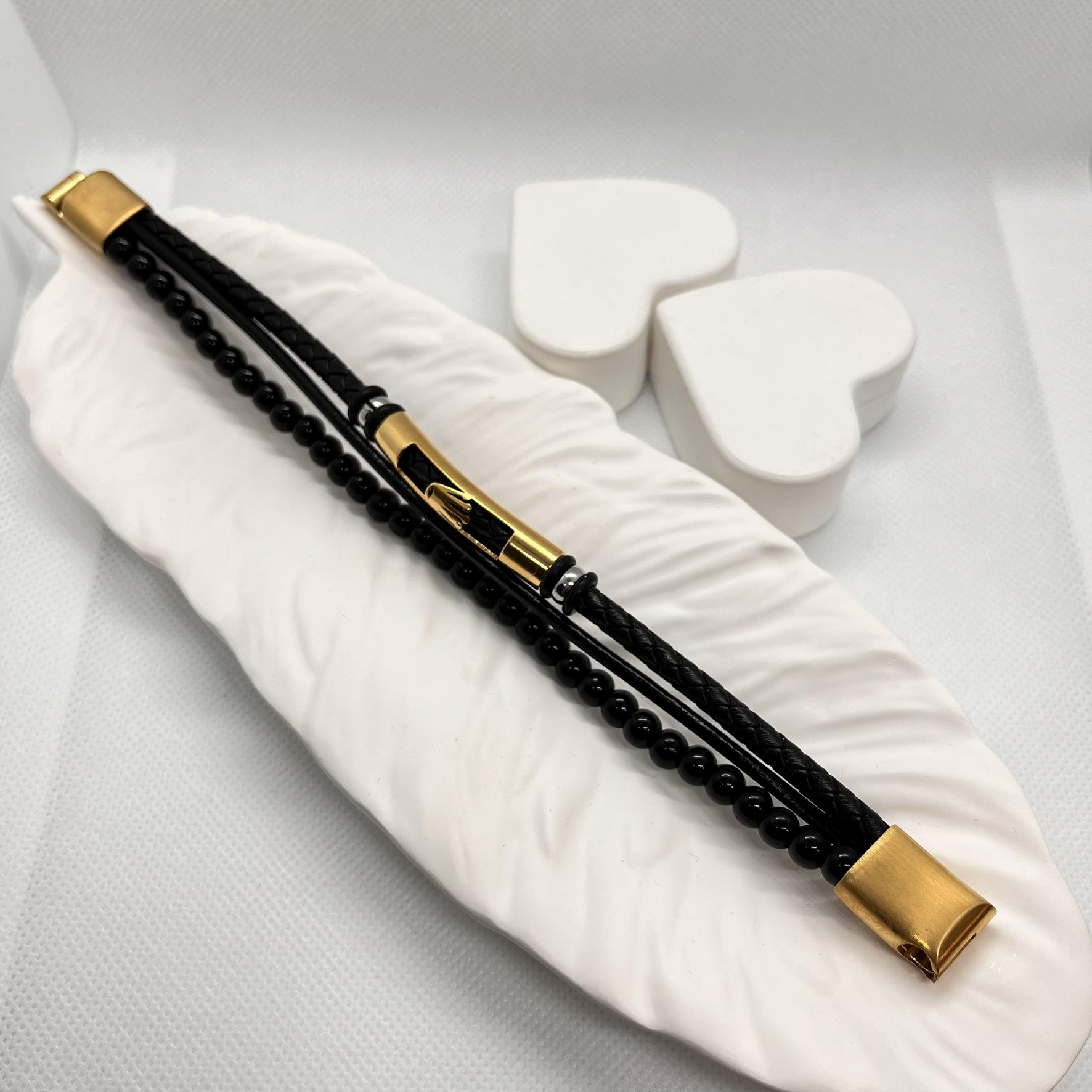 akik doğal taşlı erkek deri ve çelik detaylı rose gold bileklik