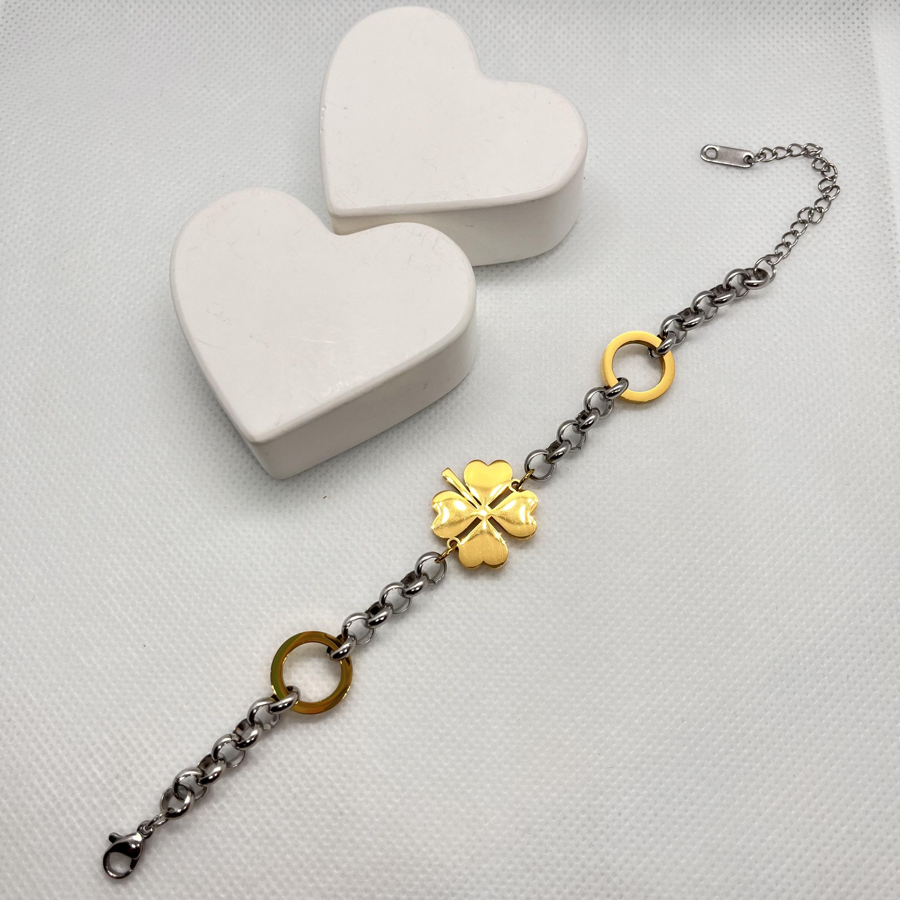 Silver ve gold karışımlı yonca detaylı çelik bileklik