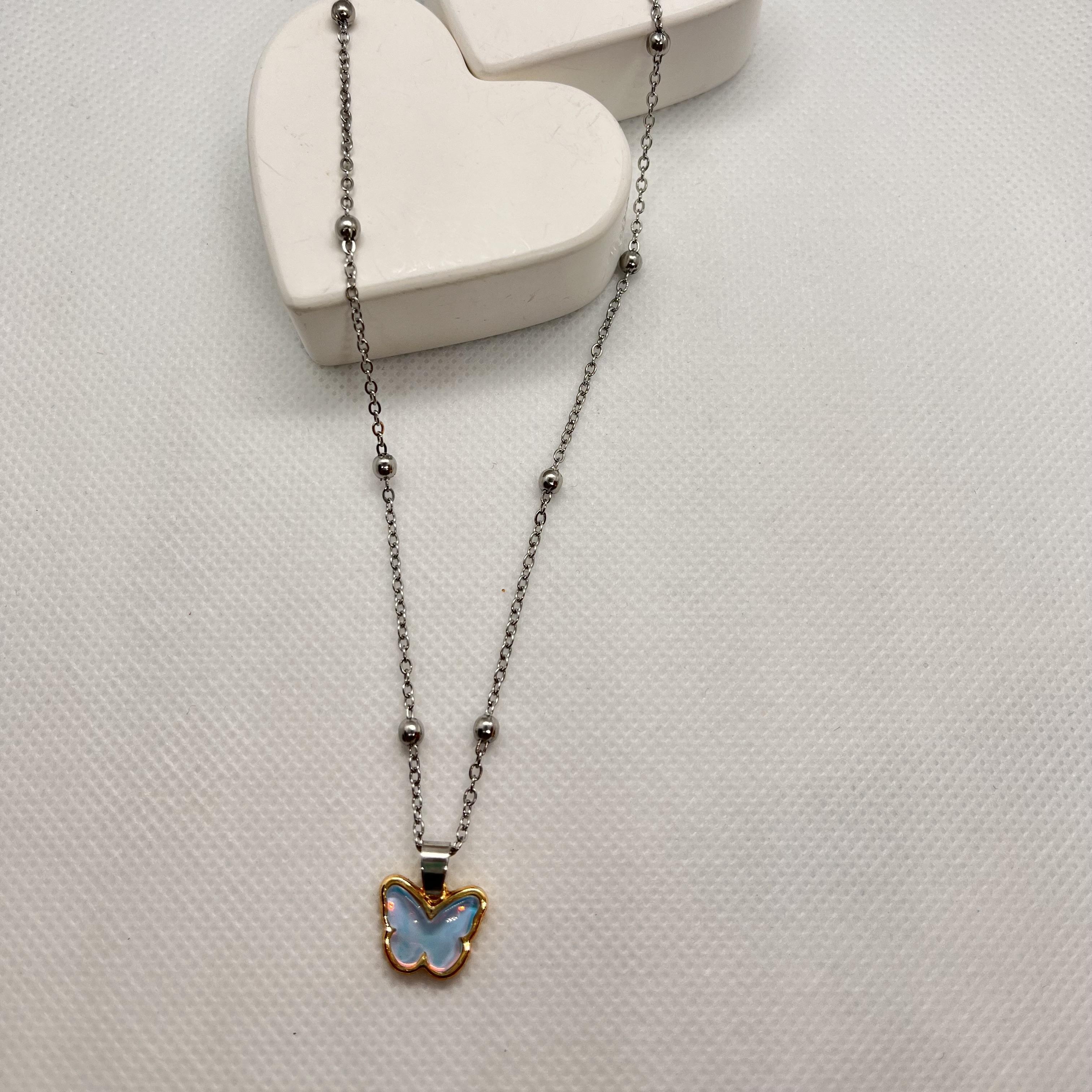 Topcuklu mavi kelebekli çelik kolye