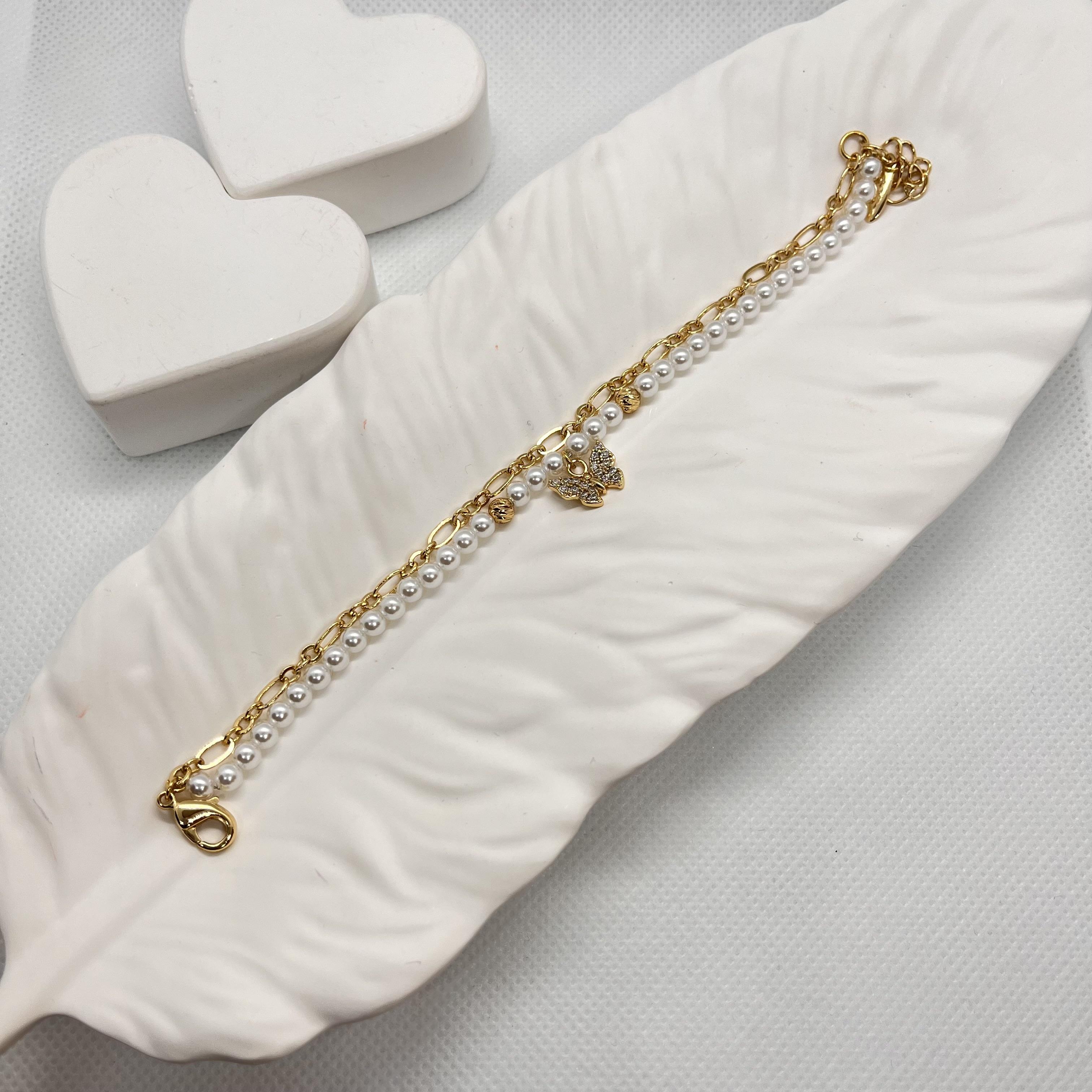 Özel seri 2 li inci ve ataç şekilli kelebek figürlü bileklik