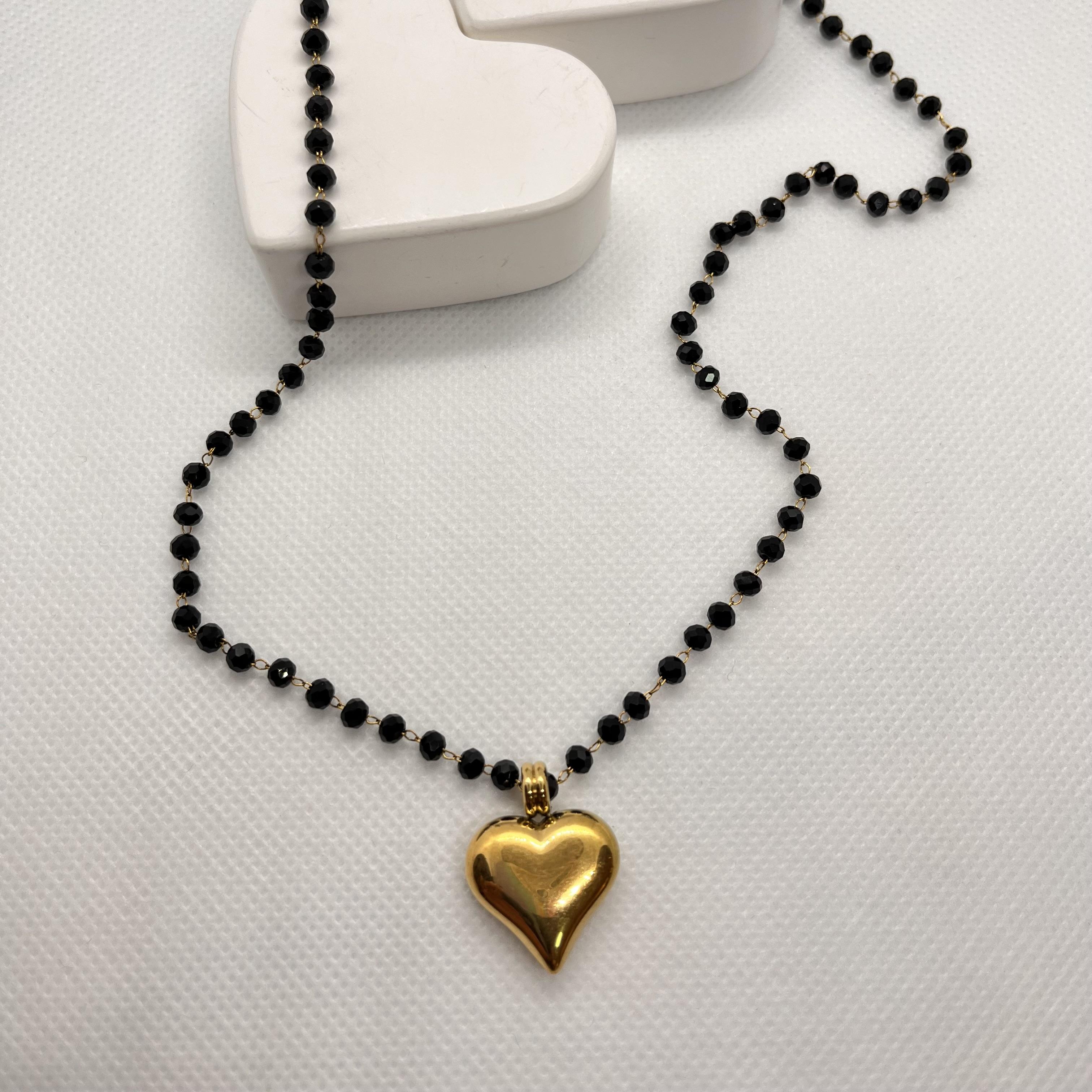 Siyah boncuk detaylı çelik kalp kolye (60cm)