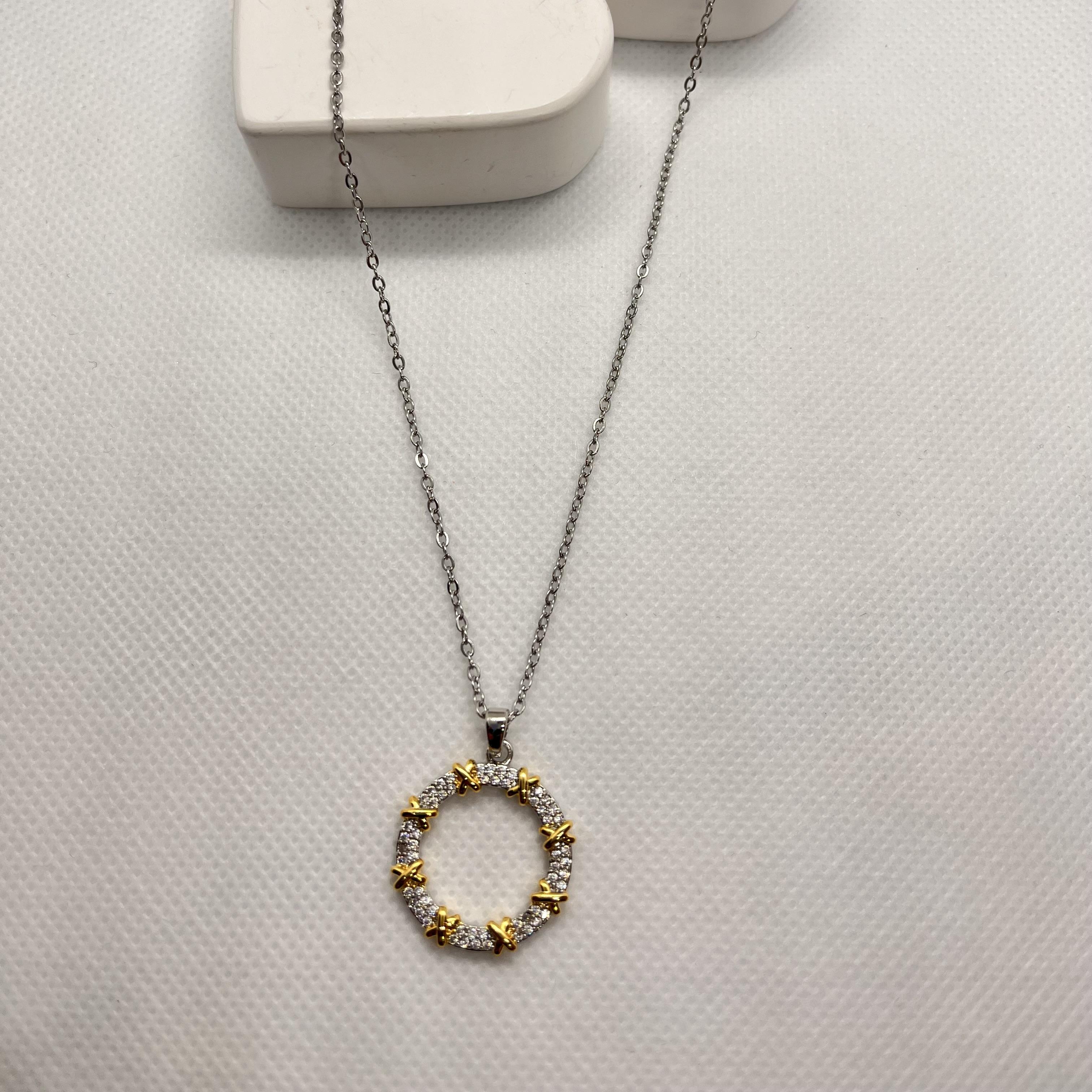 Çelik taşlı halka x kolye