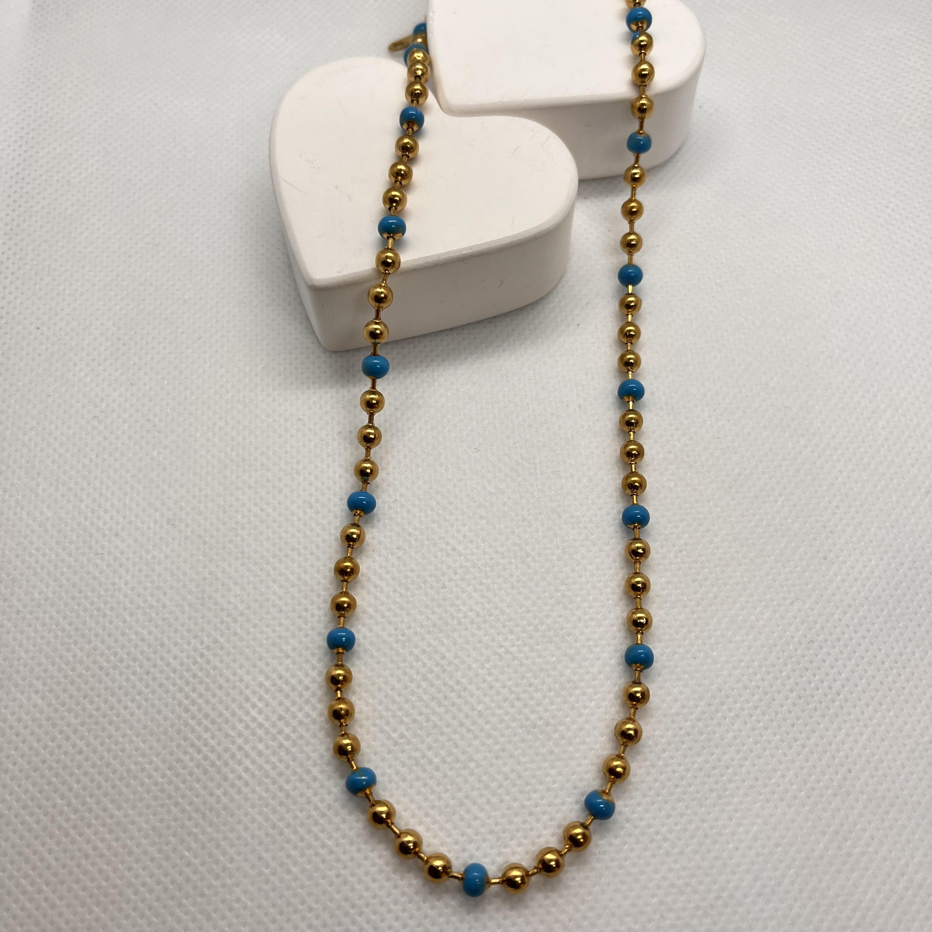 Mavi ve gold boncuklu çelik kolye