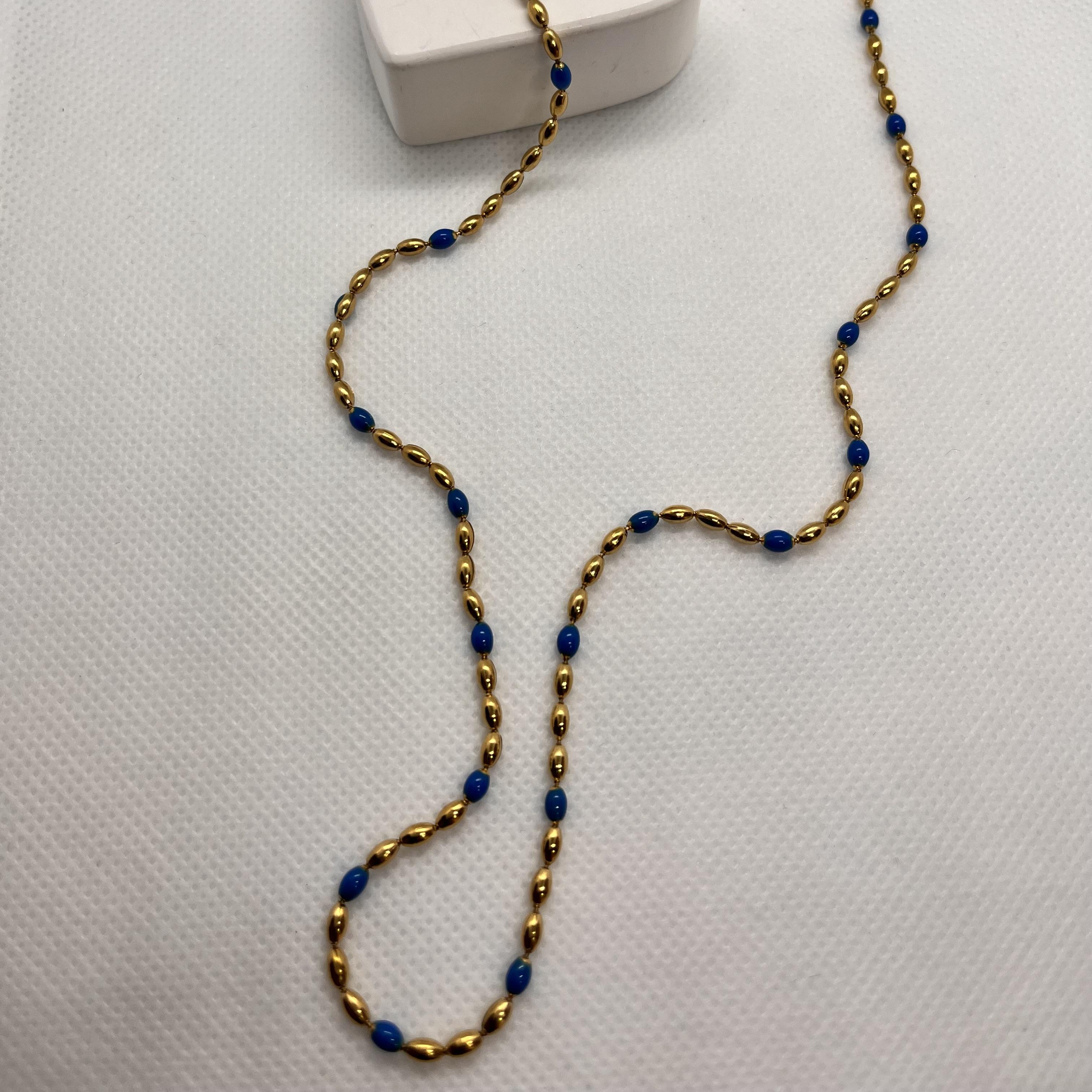 Mavi ve gold karışımı çelik topcuk kolye(60cm)