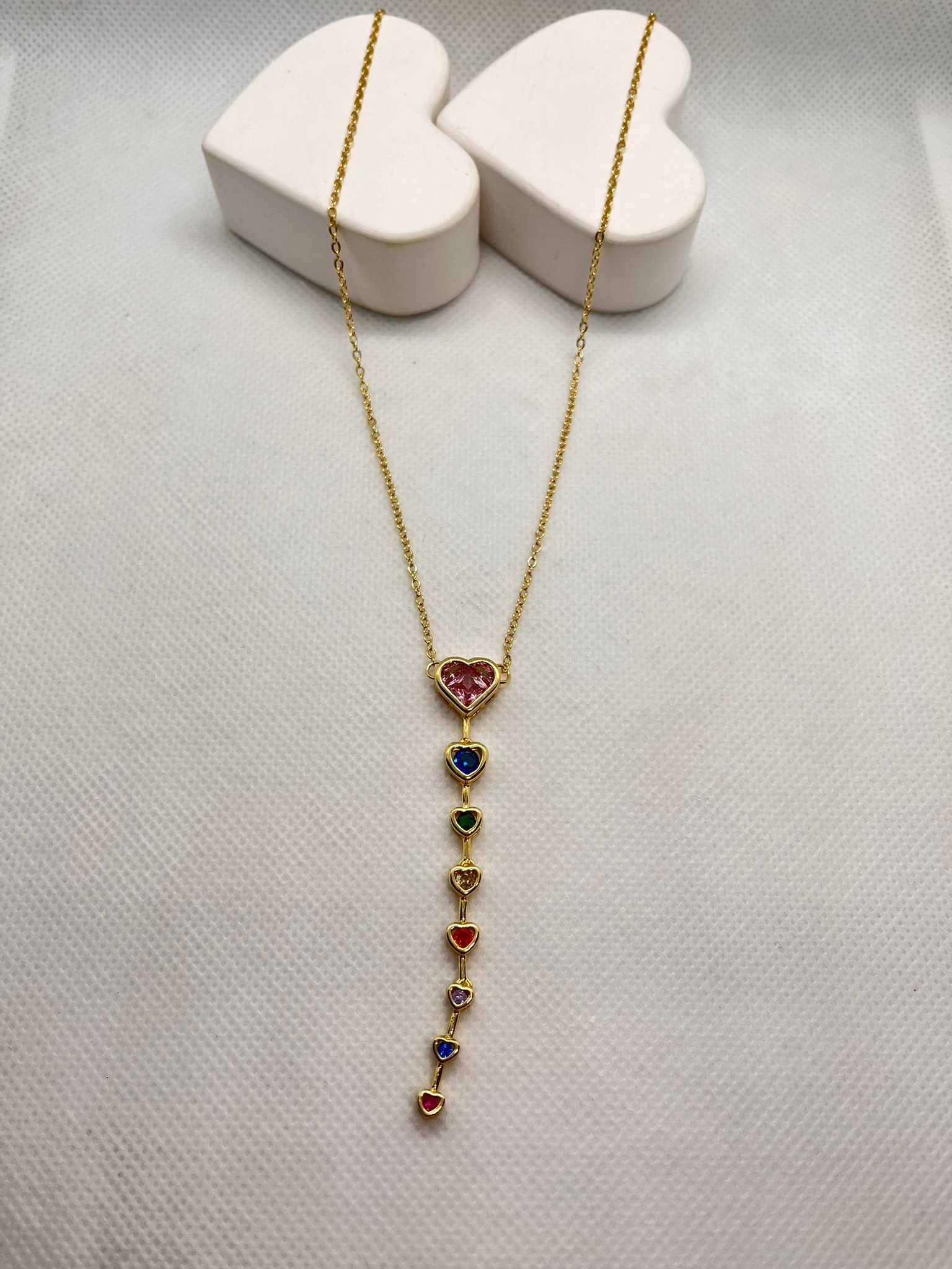 Altın Renk Pembe Taşlı Kalp Y Çelik Kolye