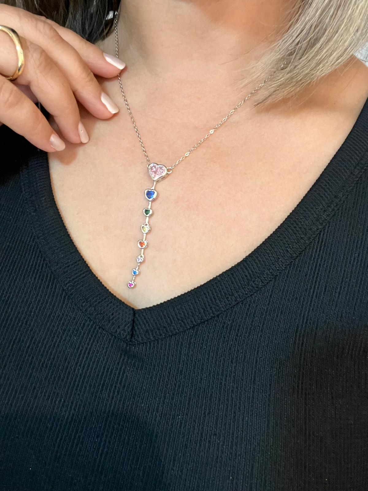 Gümüş Renk Pembe Taşlı Kalp Y Çelik Kolye